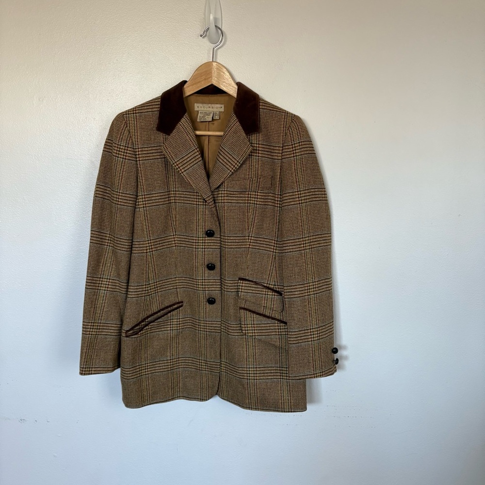 Excursion Brown Plaid Wool Cashmere Blazer‎ Academia Size 2 Vintage Tweed